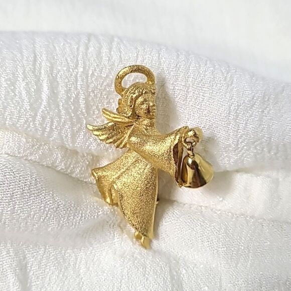 Vintage Angel Pin with Dangling Bell, Brushed Gold - Picture 2 of 3